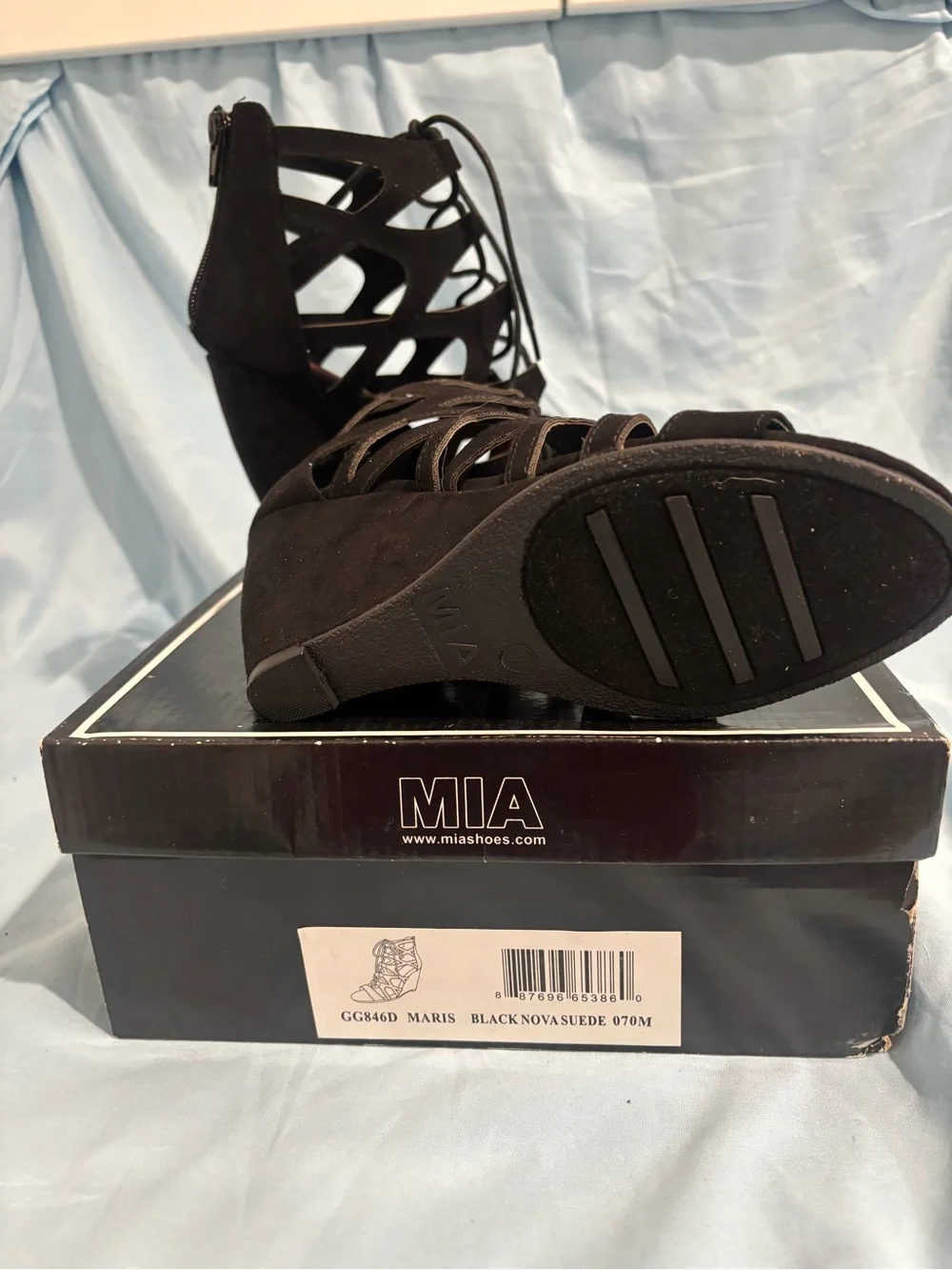 MIA Black Lace-Up Suede Gladiator Heels